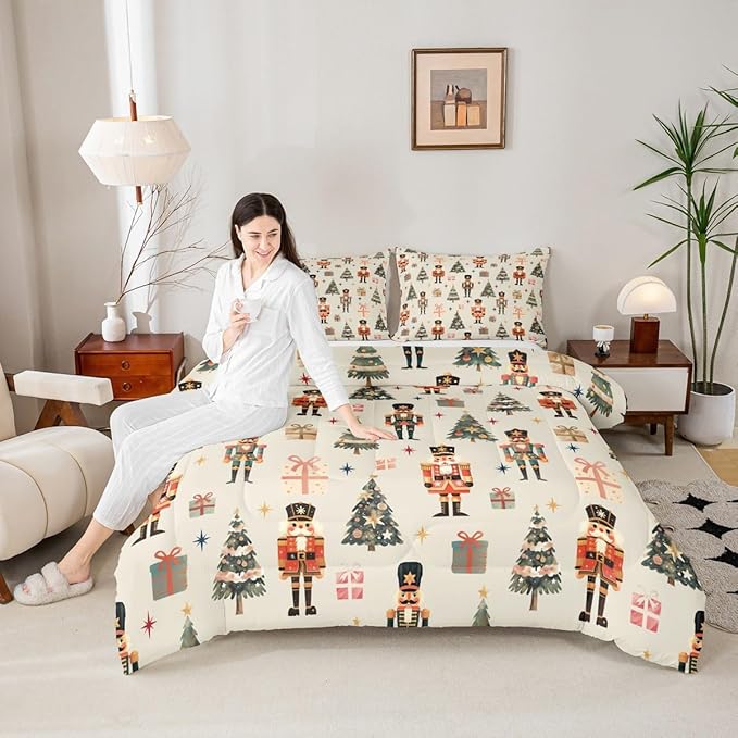 jejeloiu Xmas Nutcracker Comforter Set Queen Size Christmas Beige Bedding Set for Kids Boys Girls Cute Snowflakes Duvet Quilt Bedroom Decor