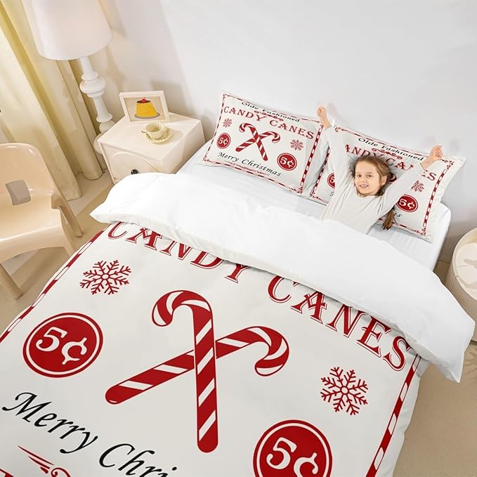 jejeloiu Christmas Bedding Set for Kids Boys Girls Christmas Quote Comforter Cover Set Full Size Candy Canes Print Duvet Cover Bedroom Decor Xmas White Bedspread Cover Bedding Collection 3Pcs
