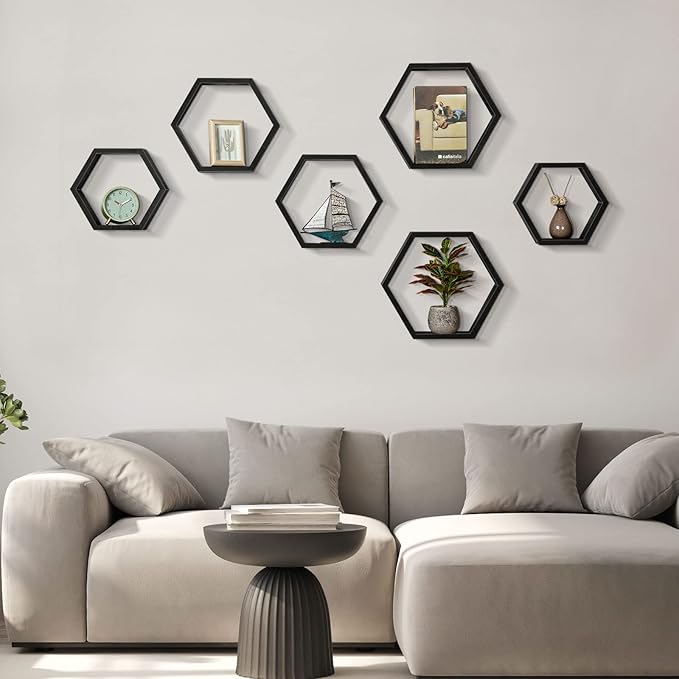 CADUKE Hexagonal Floating Shelves Set of 6 Hexagon Sheves Wall Mount Wood Storage Honeycomb Shelf Farmhouse Wall Decor Shelves for Bedroom Living Room, Black