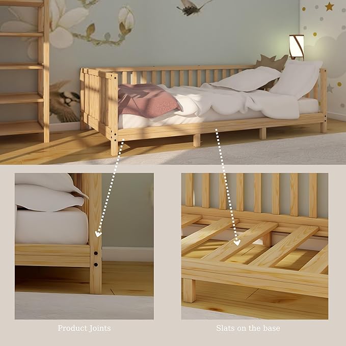 Montessori Floor Bed Designed with Open Front and Footed Model for Girls and Boys | Pine Wood Natural Solid Frame Beds with Slats | Sturdy Designed Floor Bed Frame for Kids (Full, Height : 23 Inches)