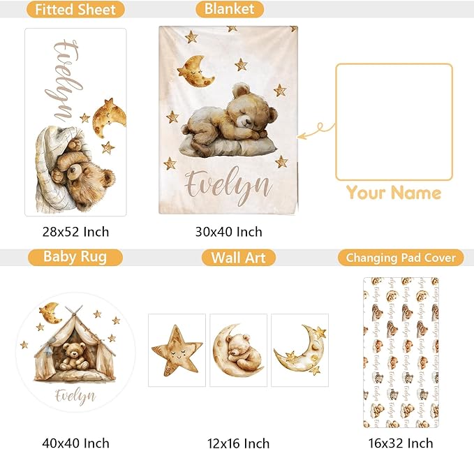 Personalized Baby Bedding Set, 5 Pcs Custom Baby Crib Sets with Name, Bear Toddler Bedding Set for Baby Boys Girls, Double Layer Nursery Flannel Bedding Set, Customized Gifts for Infants Kids