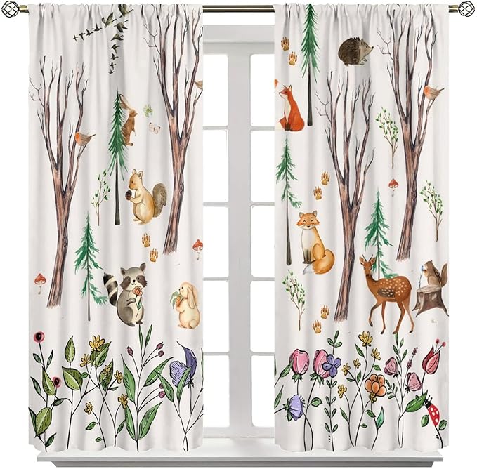 Forest Animal Kids Curtains, Watercolor Cartoon Window Treatments, Cute Animal Floral Girl Toddler Home Bedroom Living Room Drapes 42x54 Inch
