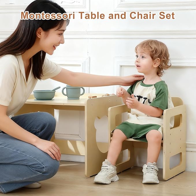 Montessori Weaning Table and Chair Set - 3-Level Height Adjustable Wooden Toddler Furniture, Activity Table Set for Eating, Playing & Learning, Kids Montessori Furniture for Age 1 2 3 Years