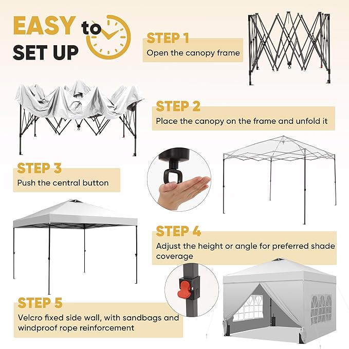 GDY 12x12 Pop Up Canopy Tent with 4 Sidewalls, Easy Set up with One Push Lift Outdoor Silver Coated Beach Gazebos, Carpas for Pool, Events, Parties, and Camping, White.