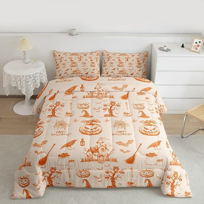 Erosebridal Halloween Bedding Set Orange Pumpkin Bat Comforter Set Toddler Size,Vintage Halloween Decor Quilt for Kids Boys Girls Adults Happy Festival Themed Duvet Insert