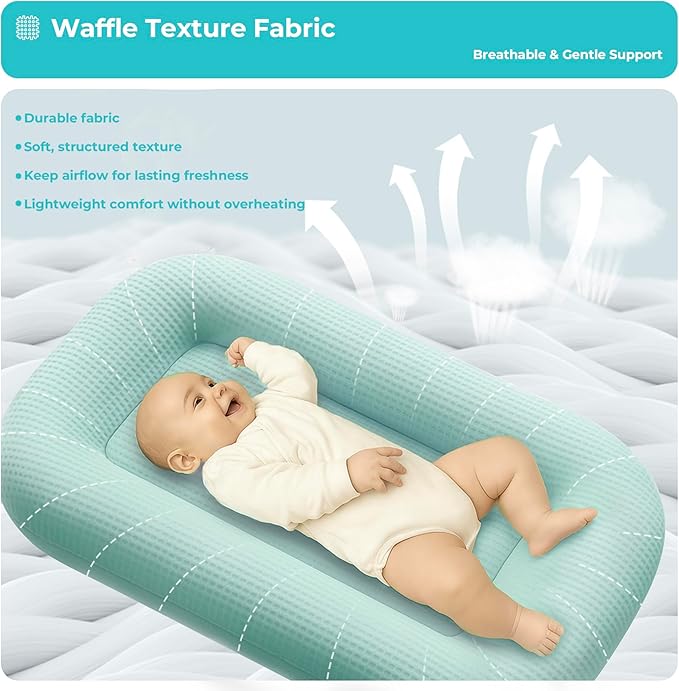 Baby Lounger for Newborn - Infant Lounger 0-24 Months with Lounger Cover, Cooling Baby Nest Lounger, Breathable Waffle Fabric & 3D Support, Portable Newborn Essentials, Blue