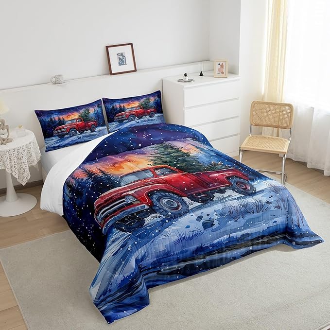 Red Truck Kids Bedding Set Full Size,Christmas Tree Snowflake Comforter Set for Teens Boys Girls Room Decor,Woodland Nature Scenery Duvet Insert 3Pcs,Merry Christmas Theme Quilt Set,2 Pillowcases