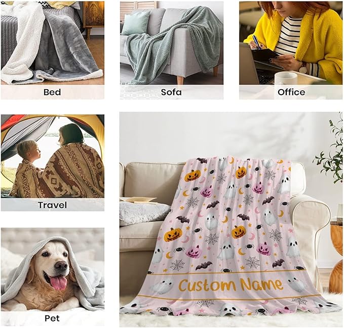 Custom Name Blanket | Personalized Ghost Blanket for Boys & Girls | Plush Cozy 30"x40" Toddler/Crib Size Halloween Decor Gift