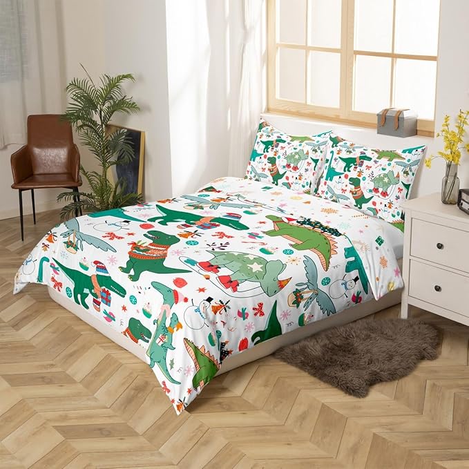 Feelyou Christmas Dinosaur Decorative Comforter Cover Queen Size Cartoon Snowman Duvet Cover Xmas Bow Snowflake Bedding Set Gifts for Kids Boys Girls 2 Pillow Cases