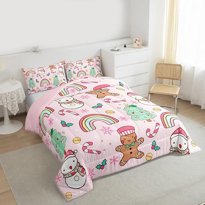 Feelyou Christmas Kids Comforter Set Full Size Merry Christmas Tree and Snowman Bedding Set Gingerbread Man Duvet Quilt for Kids Boys Girls Bedroom Rainbow Print Decor Snowflake Ultra Soft Breathable