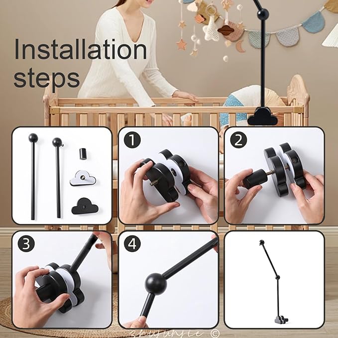 Mobile Arm for Crib Baby Crib Mobile Arm 27.2in Height Wooden Cloud Cot with Adjustable Anti Slip Attachment Clamp Cot Bed Bell Wind Chimes Hanger Bracket