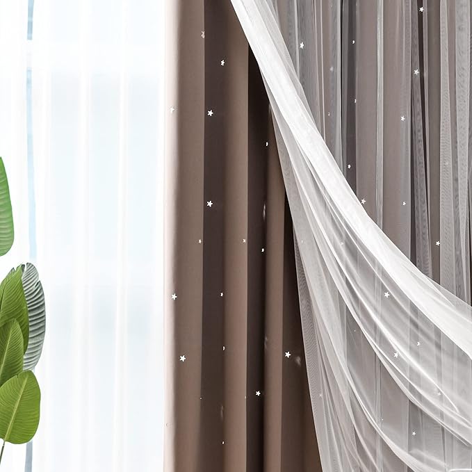 Kinryb Kids Blackout Curtains for Bedroom/Living Room/Classroom, Sheer Overlay 2 Free Tiebacks, Double Layer Curtains with Star Cutout for Kids Room(Each Piece W 70 x L 84 Inches 2 Pcs Coffe)