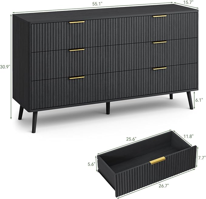 LYNSOM Fluted Dresser and Nightstand Sets 2 Piece, 2-Drawer Nightstands and 6-Drawers Dresser, Wood Bedroom Furniture Set for Home, Bedroom, Hallway, Black