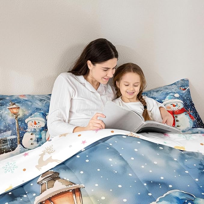 Feelyou Christmas Kids Comforter Set Toddler Size Blue Watercolor Snowman Bedding Set Xmas Winter Duvet Quilt for Kids Boys Girls Bedroom Snowflake Decor Microfiber Ultra Soft Breathable