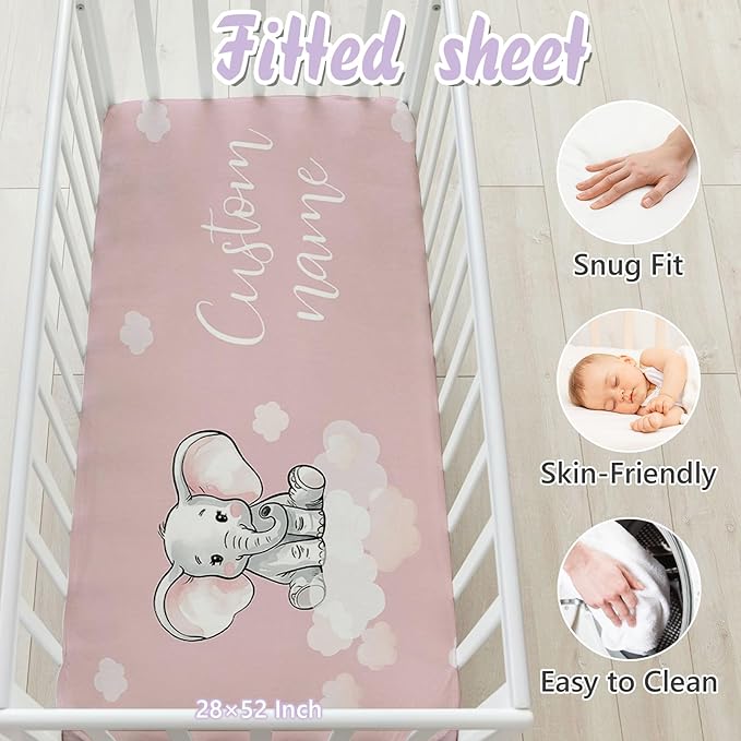 Personalized Baby Crib Bedding Set, 5 Pcs Custom Name Nursery Bedding Set for Girls Boys, Cute Elephant Baby Crib Set for Toddlers Infants, Double Layer Bedding Crib Sets Customized Gifts