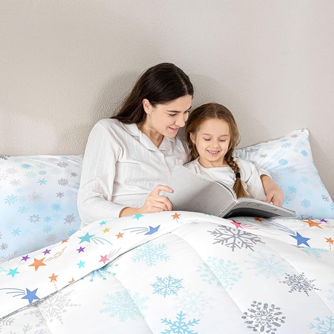 Feelyou Glitter Snowflake Comforter Set Full Size, Blue Snowflake Comforter Kids Toddler Ombre Bedding Set Winter Theme Duvet Set Microfiber Bed Set