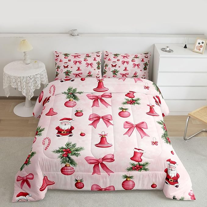 Feelyou Santa Claus Bedding Set Soft for Boys Girls, Pink Bow Comforter Set Twin Size Christmas Ornament Duvet Quilt Microfiber Candy Cane Bedroom Decor Holly Berry 2 Pcs with 1 Pillow Cases