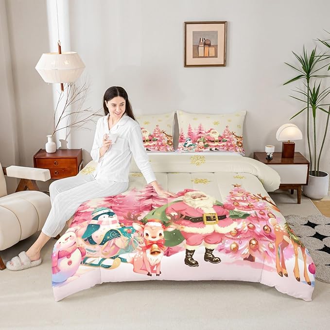 jejeloiu Merry Christmas Comforter Set Full Size Santa Claus Bedding Set for Kids Boys Girls Cute Deer Duvet Quilt Beige Bedroom Decor