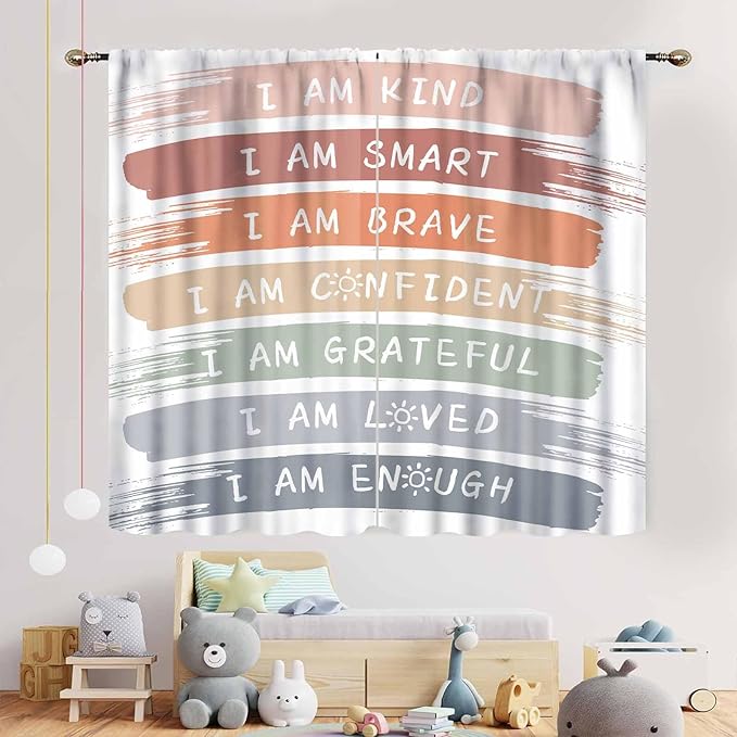 Rainbow Curtains for Classroom, Kids Girls Baby Boho Cute Inspirational Motivational Quotes Cartoon Colorful Pastel Nursery Classroom Bedroom Living Room Bathroom Window Drapes 2 Panels, 63"x63" Inch