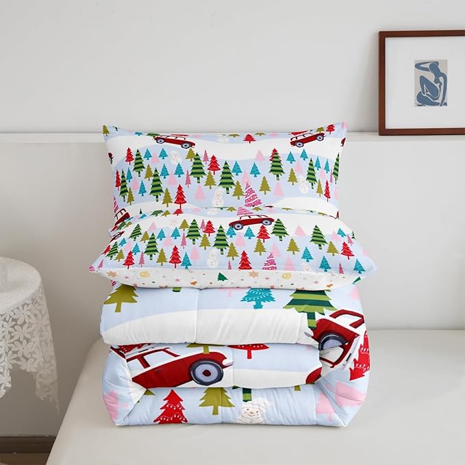 Feelyou Christmas Trees Bedding Set for Kids Boys Girls Toddler Size Christmas Truck Comforter Set Ultra Soft Winter Snowman Comforter Xmas Duvet Quilt Bedroom Decor Christmas Ornaments Quilt