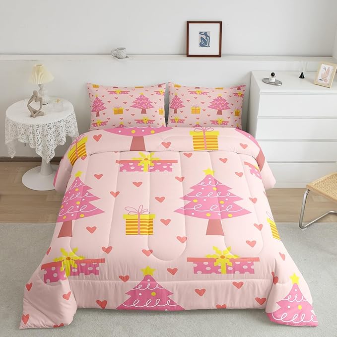 Erosebridal Merry Xmas Quilts Twin Size Pink Christmas Tree Comforter Set Reversible Cartoon Style Bedding Set Happy New Year Duvet Insert for Boys Kids Bedroom Decor with 1 Pillow Case