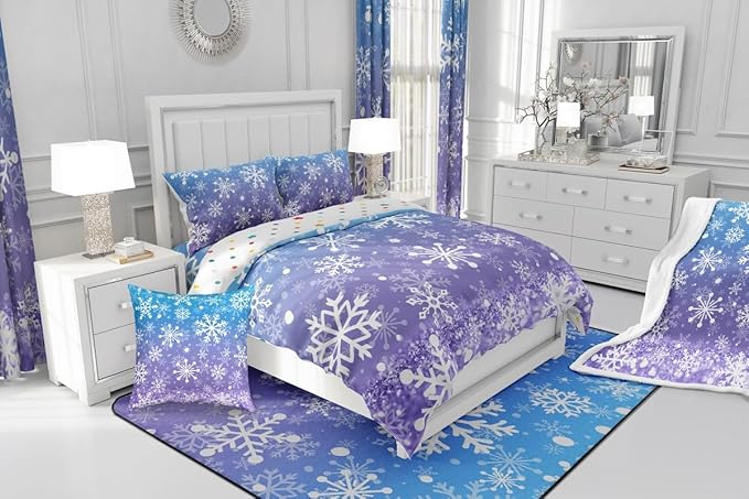 Feelyou Blue and Purple Snowflake Bedding Set Soft for Boys Girls, Winter Snowflake Comforter Set King Size Christmas Duvet Quilt Microfiber Holiday New Year Bedroom Decor 3 Pcs with 2 Pillow Cases