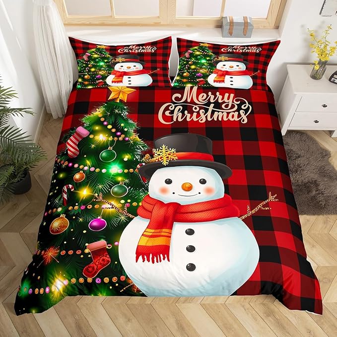 Manfei Christmas Duvet Cover Set King Size, Snowman Christmas Tree Comforter Cover with 2 Pillowcases, Red Plaid Grid Print Bedding Set 3pcs for Kids Boys Girls Room Decor,No Comforter