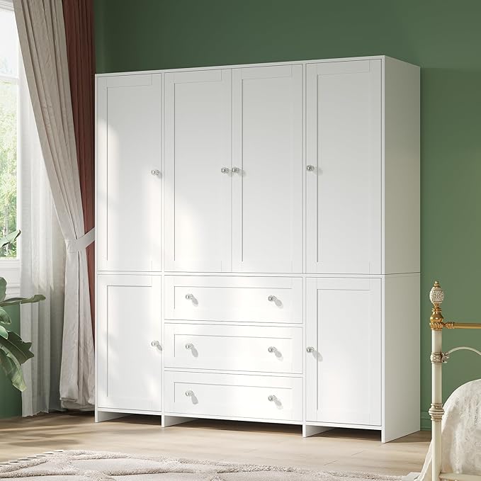 VOWNER Armoire Wardrobe Closet with Drawers and Mirror, 71" Clothing Storage Cabinet with Hanging Rod, 6 Doors Wooden Wardrobe Cabinet for Bedroom, Large Capacity Storage