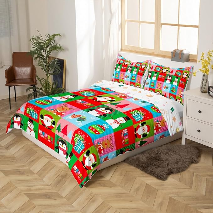 Christmas Bedding Set for Kids Boys Girls Santa Claus Christmas Tree Comforter Cover Set Colorful Geometric Grid Duvet Cover Bedroom Decor Xmas Theme Bedspread Cover Twin Size Bedding Collection 2Pcs