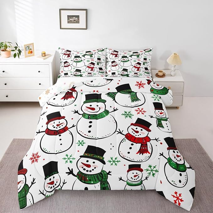 Feelyou Christmas Comforter Set All Season Snowman Bedding Set with 2 Pillow Cases Snowflake Microfiber Kids Full Bedclothes Bedroom Decor Duvet Quilt Breathable Soft Lightweight