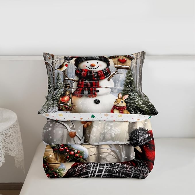 Kawaii Snowman Kids Comforter Set Queen Size,Rabbit Bird Poinsettia Bedding Set,Girl Boy Room Decor,Pine Tree Xmas Animal Snowflake Quilt Comforter,Gray Green Duvet Set Bedroom Quilt Set,2 Pillowcases