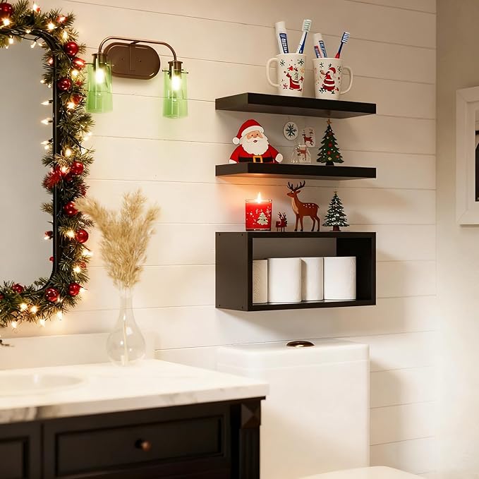 RICHER HOUSE Black Floating Shelves Set of 3, Modern Bathroom Shelves Wall Mounted Shelves for Wall Decor, Over Toilet Black Wall Shelves for Bathroom Bedroom, Living Room, Kitchen