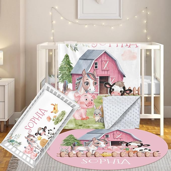 Custom Baby Crib Bedding Set, 3 Pcs Personalized Nursery Bedding Set with Name, Soft Baby Bedding Crib Sets with Blanket - Toddler Crib Sets for Girls Boys, Infant Newborn Gifts, Farm Animals