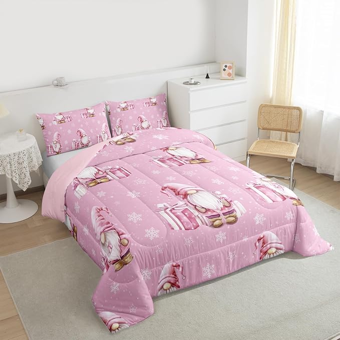 Feelyou Pink Christmas Bedding Set Soft for Boys Girls, Scandinavian Christmas Santa Gnomes Comforter Set Full Size Xmas Snowflake Duvet Quilt Bedroom Decor 3 Pcs with 2 Pillow Cases
