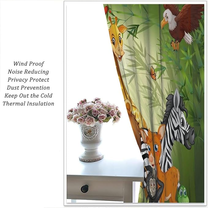 Cartoon Animal Curtains, Cute Animals Bamboo Forest Blackout Window Treatments, Rod Pocket Thermal Insulated Drapes 2 Panel Sets for Kids Room Nursery Classroom, 42" W X 54" L