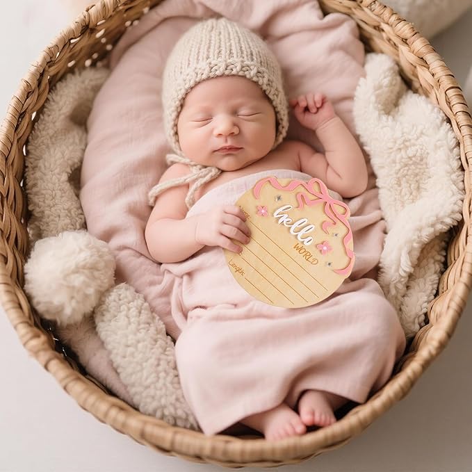 Hello World Newborn Sign, Wooden Pink Bow and Flower Baby Birth Announcement Board Newborn Welcome Sign for Nursery Home Hospital Decor Photo Props