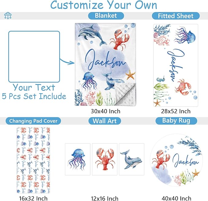 Custom Baby Crib Bedding Set, 5 Pcs Personalized Baby Crib Set with Name, Ocean Animals Design Nursery Bedding Sets, Toddler Bedding Set, Newborn Infant New Parents Customized Gift