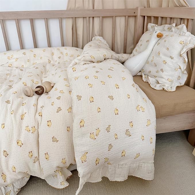 BuLuTu Baby Duckling Print Duvet Cover 47x59 Inch, Soft Muslin Duvet Cover for Boys Girls Crib Bedding Gift for Toddlers, Duck Print (Pillowcase Not Included)