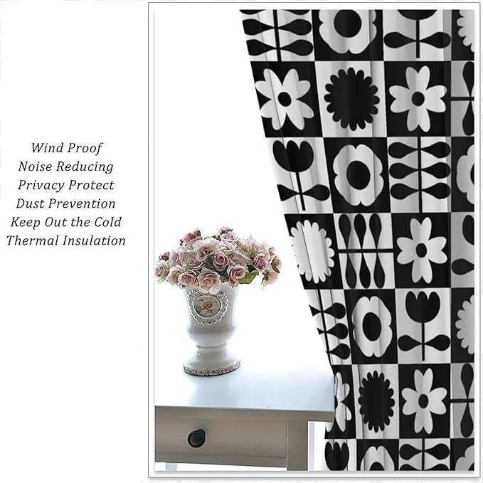 Mid Century Geometric Floral Curtains, Vintage 70s Window Treatments, Black and White, 42" W x 54" L, 2 Panels, Indoor, Boho Style