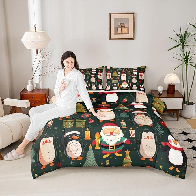 Feelyou Christmas Bedding Set Soft for Boys Girls, Penguin Santa Comforter Set Full Size Xmas Tree Snowflake Duvet Quilt Microfiber New Year Gift Bedroom Decor 3 Pcs with 2 Pillow Cases