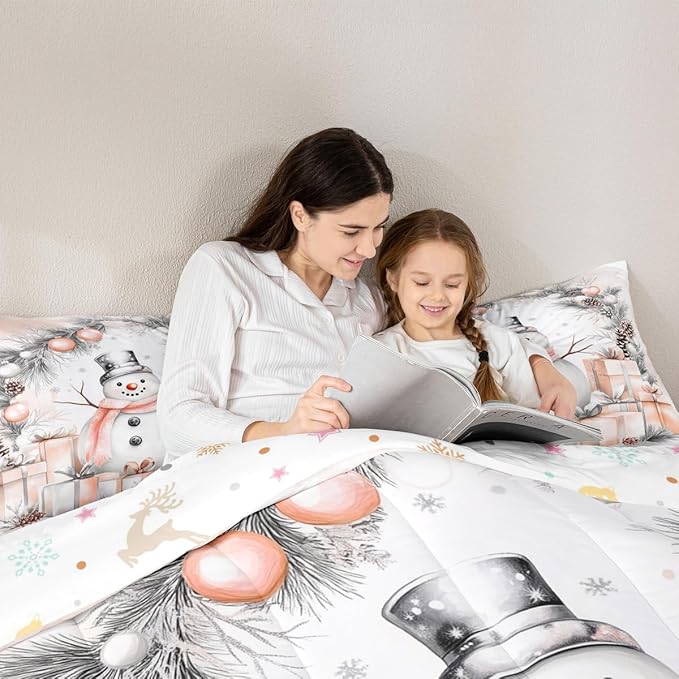 Feelyou Merry Christmas Comforter Set Full Size Cute Snowman Bedding Set for Kids Boys Girls Duvet Quilt Snowflake Bedroom Decor Microfiber 3 Pcs with 2 Pillow Cases