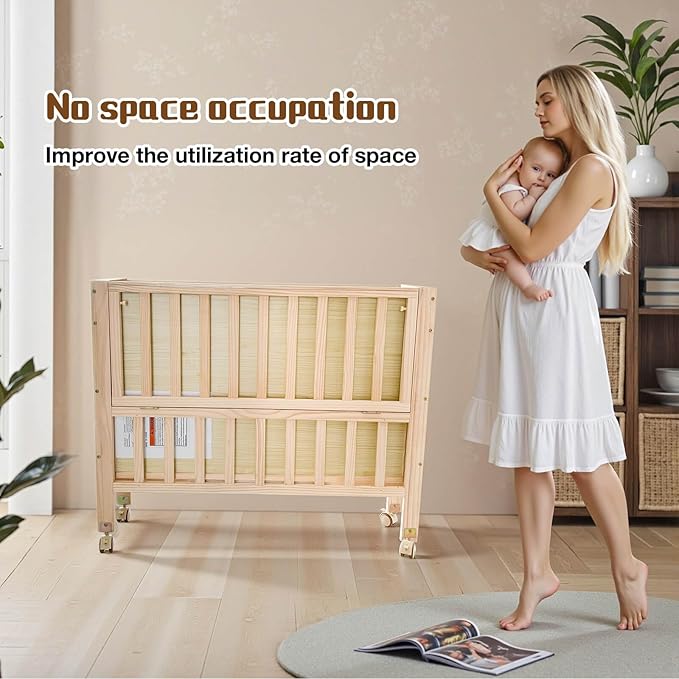 Portable Mini Baby Crib - Pine Wood Foldable 4-in-1 Baby Crib with Mattress,Portable Bedside Bassinet Sleeper,3 Adjustable-Height Baby Cribs for 0-18 Months,Unpainted