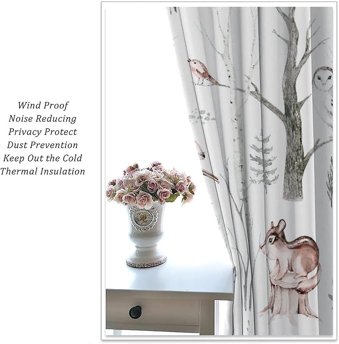 Watercolor Woodland Animal Curtains, Wildlife Bear Farmhouse Lodge Cabin Squirrel Owl Hedgehog Fox Blackout Rod Pocket Windows Door Curtain for Bedroom Living Room Home Decor 55x63in