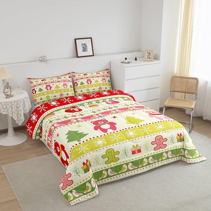 Erosebridal Merry Christmas Comforter Set Kids Queen Size Xmas Tree Decor Quilts Snowflake Bedding Set Cute Colourful Bear Duvet Insert with 2 Pillow Cases