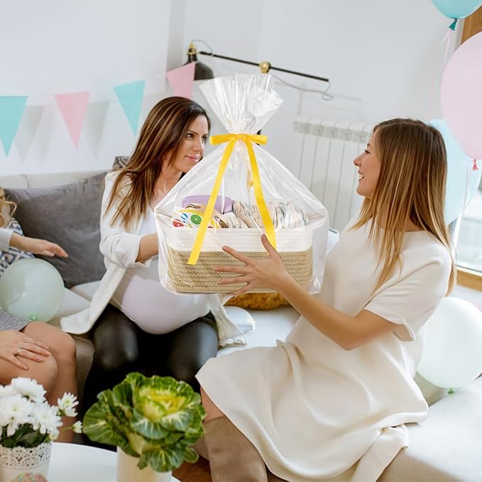 OIAHOMY Small Woven Rope Basket with Gift Bags and Ribbons, Gift basket Empty for Baby shower Birthday, Halloween, Christmas, Cute Cat Ear Handles for Shelf Living Room Bathroom, Grey & White