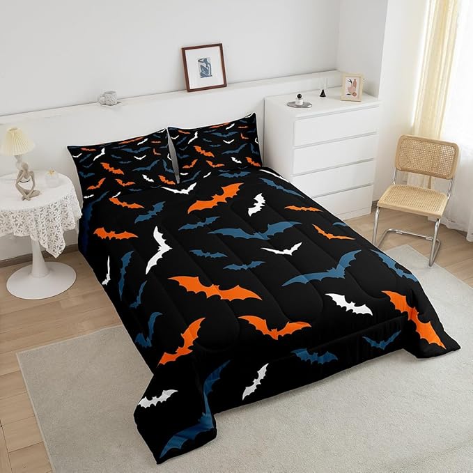 Erosebridal Bat Bedding Set for Kids Adults Boys Girls Happy Halloween Comforter Set Full Size Gothic Spooky Quilt Orange Bats Duvet Insert with 2 Pillow Cases