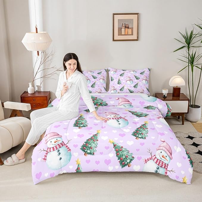 Feelyou Merry Christmas Bedding Set Soft for Boys Girls, Cute Snowman Comforter Set King Size Christmas Tree Duvet Quilt Microfiber Love Hearts 3 Pcs with 2 Pillow Cases