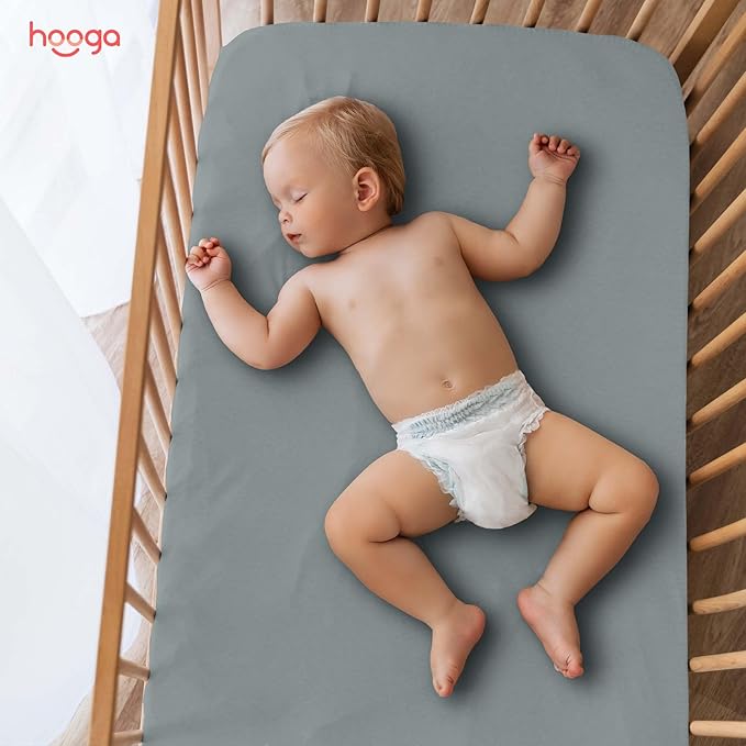 Hooga Grounding Crib Sheet, Organic Fitted Grounded Sheet for Baby Crib, Earth Connected Bedding (52”x28”x8”) Pure Silver Fiber and Cotton, Grounding Cord Included. Gray