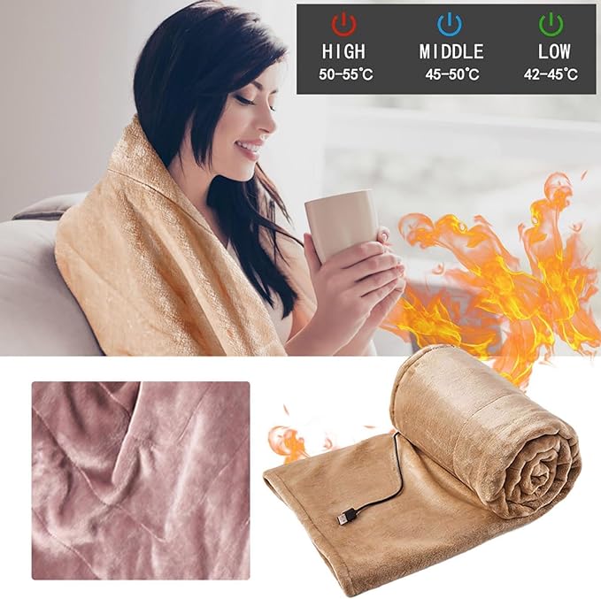 Portable Heated Blanket Throw - USB Charging Flannel Electric Blankets, Fast Heating Warming Winter Throw Blanket for Women, Machine Washable (Light Pink, 55X31 Inches)