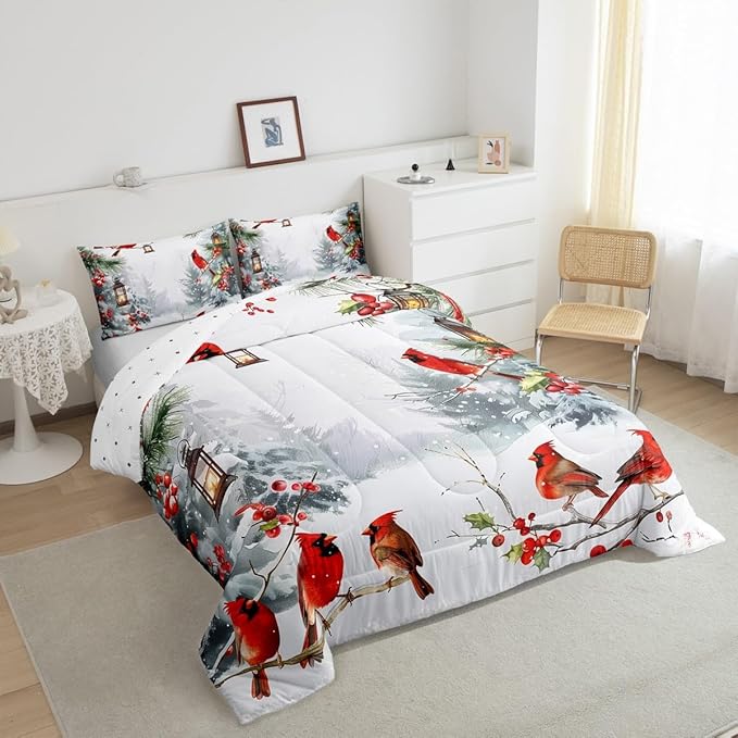 jejeloiu Kids Red Cardinal Comforter Set Twin Size Christmas Theme Bedding Set for Boys Girls Teens Xmas Birds Winter Country Woodland Animal Duvet Quilt Room Decor